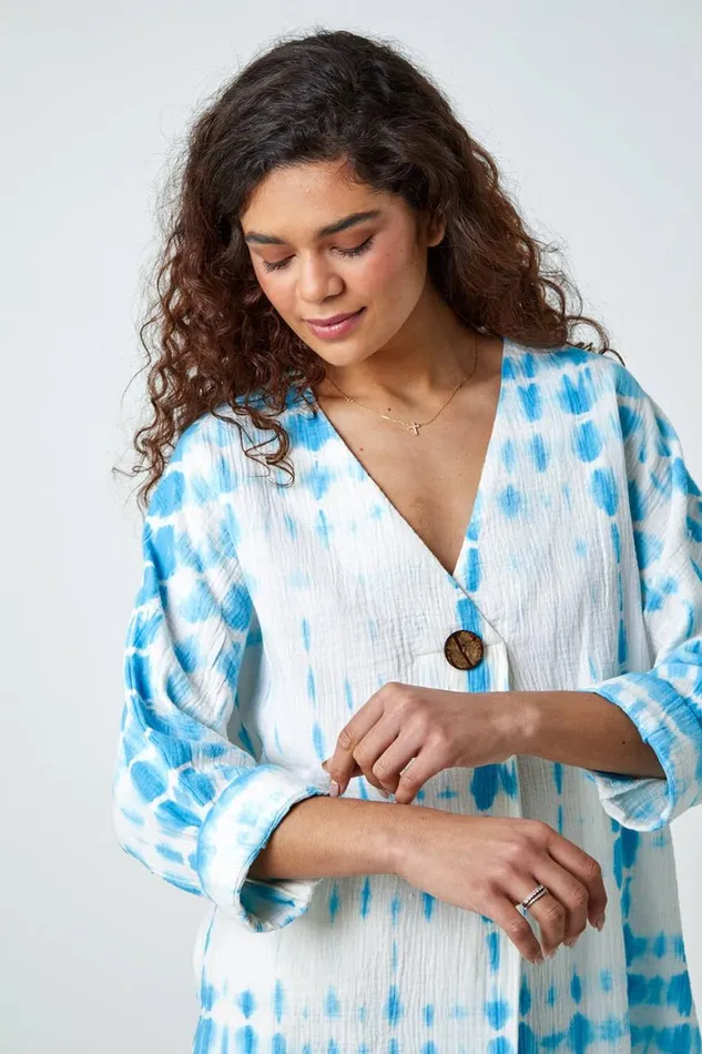 Women Aqua Cotton Tie Dye Button Detail VNeck Top Roman Tops