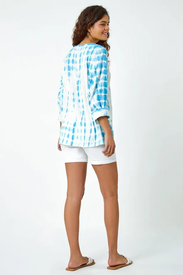 Women Aqua Cotton Tie Dye Button Detail VNeck Top Roman Tops