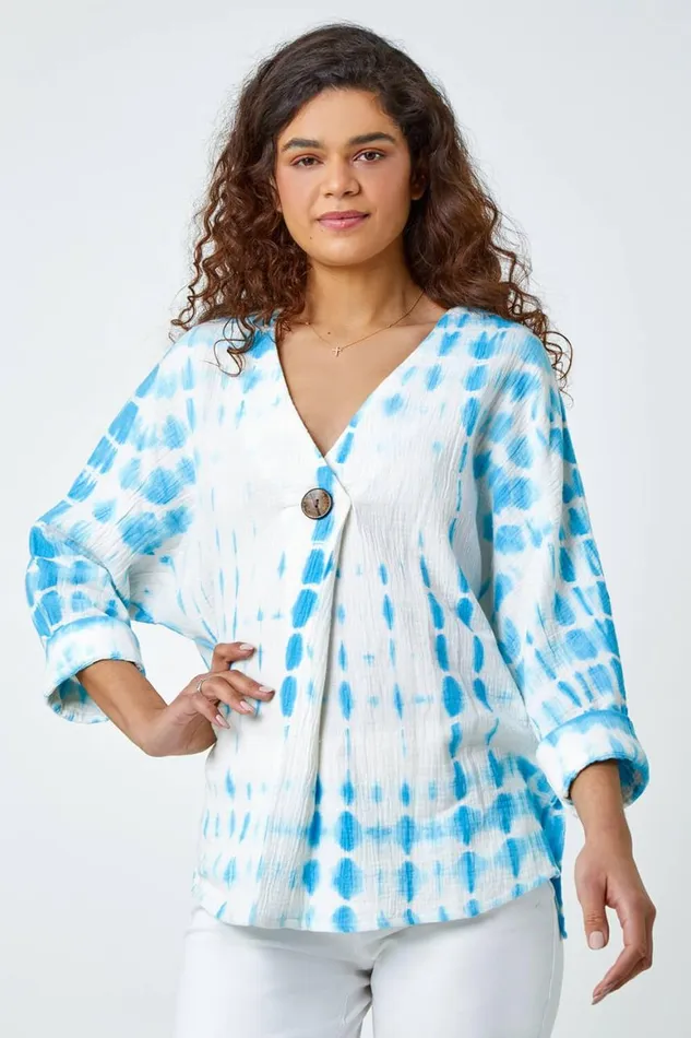 Women Aqua Cotton Tie Dye Button Detail VNeck Top Roman Tops