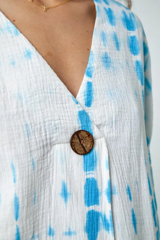 Women Aqua Cotton Tie Dye Button Detail VNeck Top Roman Tops