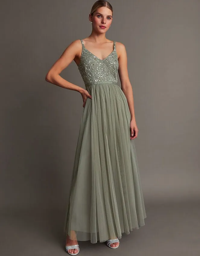 Women Autumn Embellished Maxi Dress In Recycled Polyester Green Monsoon Occasionwear