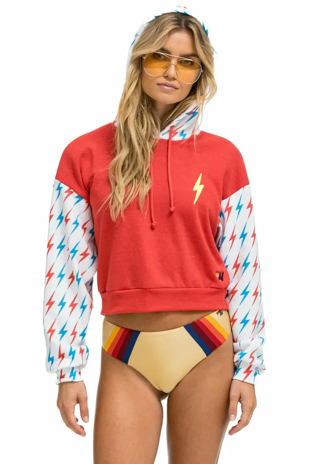 Women AVIATOR BOLT COLOR BLOCK W BOLT EMBROIDERY RELAXED CROPPED PULLOVER HOODIE 8211 RED USA Aviator Nation BoltCollection