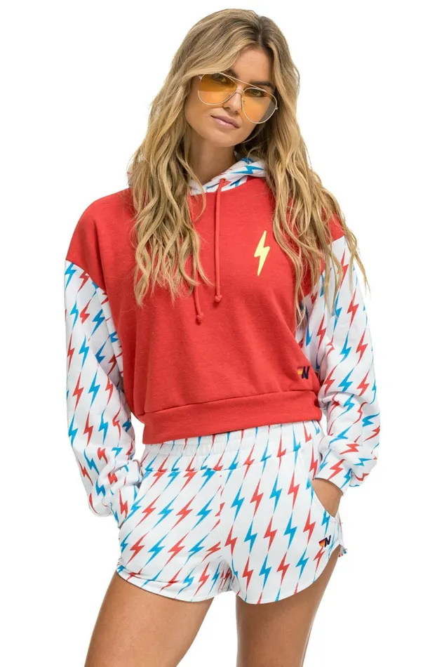 Women AVIATOR BOLT COLOR BLOCK W BOLT EMBROIDERY RELAXED CROPPED PULLOVER HOODIE 8211 RED USA Aviator Nation BoltCollection Women AVIATOR BOLT COLOR BLOCK W BOLT EMBROIDERY RELAXED CROPPED PULLOVER HOODIE 8211 RED USA Aviator Nation BoltCollection