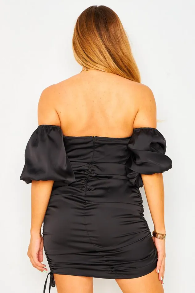Women Bardot Ruched Mini Dress In Black Black Brentiny Paris Ceremonial Outfits