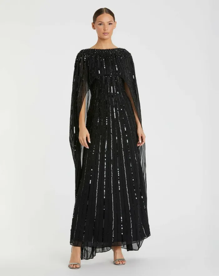Women Best Sellers Mac Duggal Embellished Column Cape Dress Black