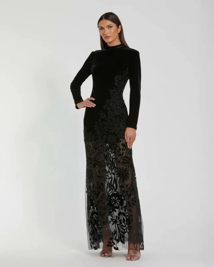 Women Best Sellers Mac Duggal Long Sleeve Sheer Floral Embroidered Velvet Gown Black
