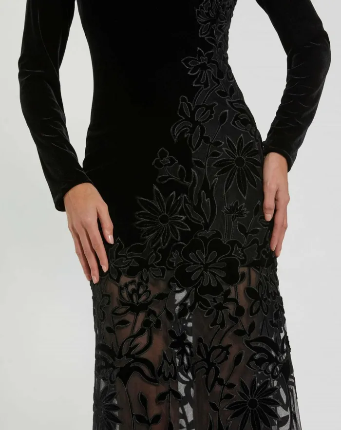 Women Best Sellers Mac Duggal Long Sleeve Sheer Floral Embroidered Velvet Gown Black