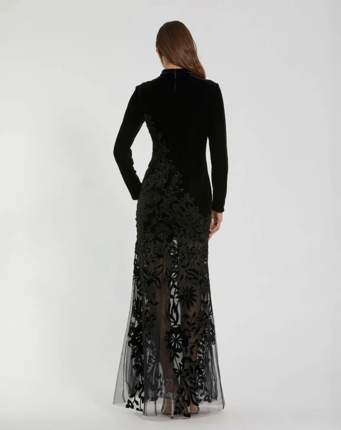 Women Best Sellers Mac Duggal Long Sleeve Sheer Floral Embroidered Velvet Gown Black