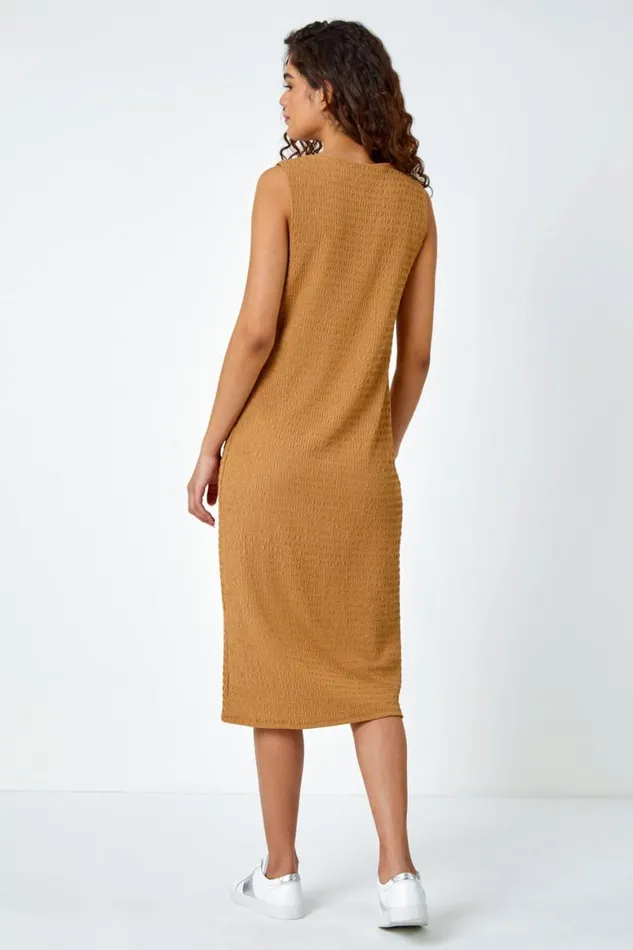 Women Biscuit Sleeveless Textured Midi Stretch Dress Roman Dresses