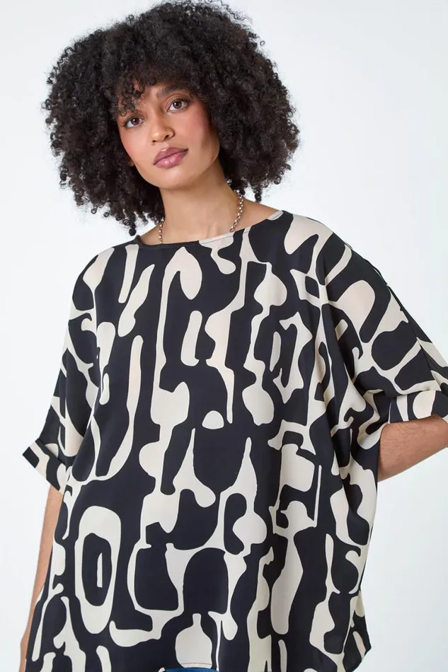 Women Black Abstract Animal Button Back Top Roman Tops