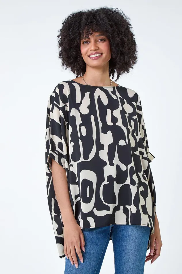 Women Black Abstract Animal Button Back Top Roman Tops