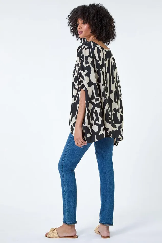 Women Black Abstract Animal Button Back Top Roman Tops