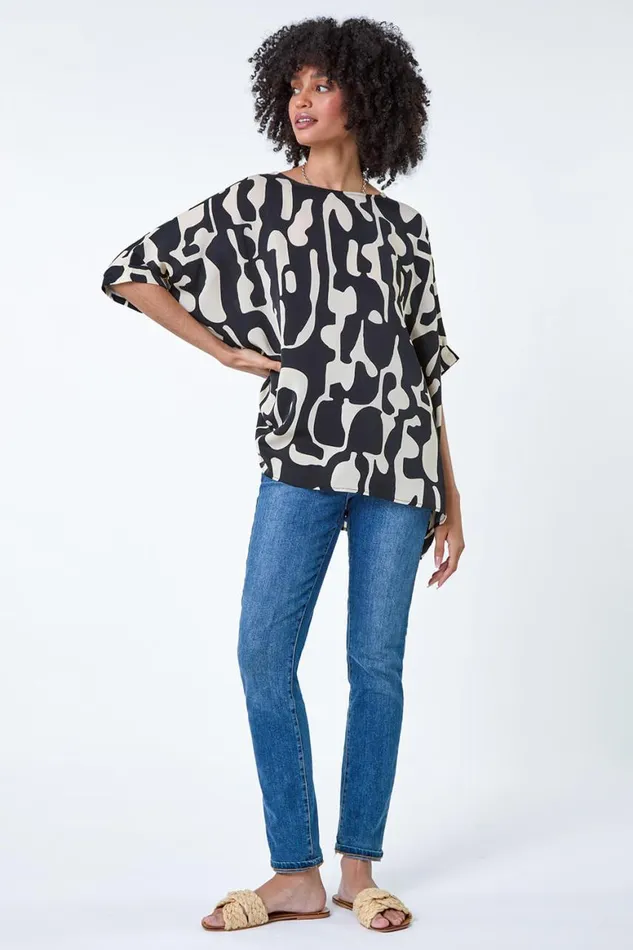 Women Black Abstract Animal Button Back Top Roman Tops