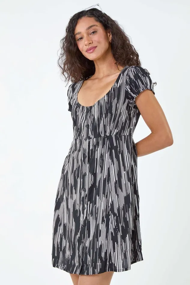 Women Black Abstract Print Button Through Dress Roman Dresses