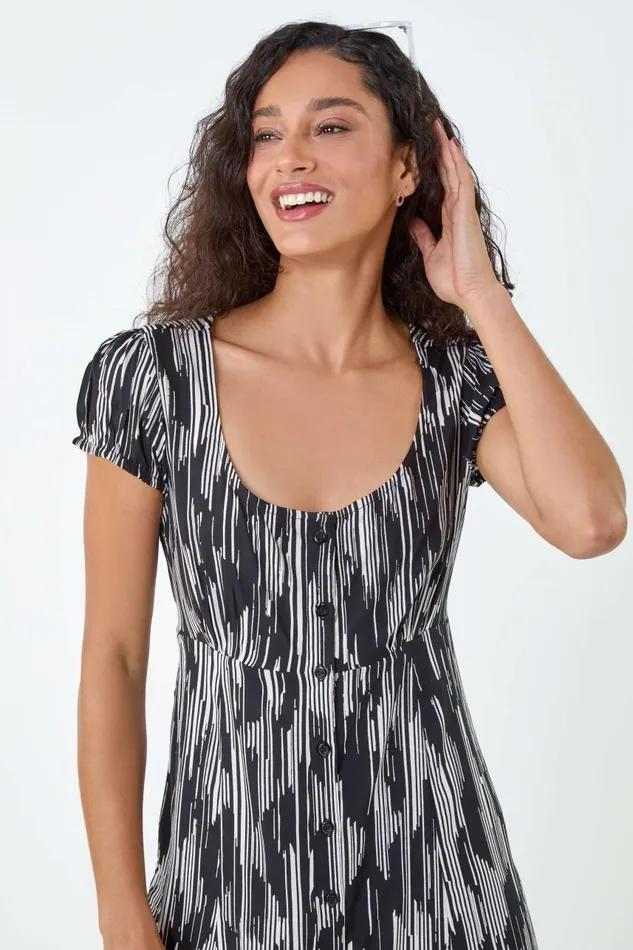 Women Black Abstract Print Button Through Dress Roman Dresses