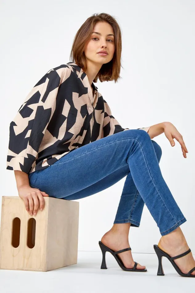 Women Black Abstract Print Collared Blouse Roman Tops