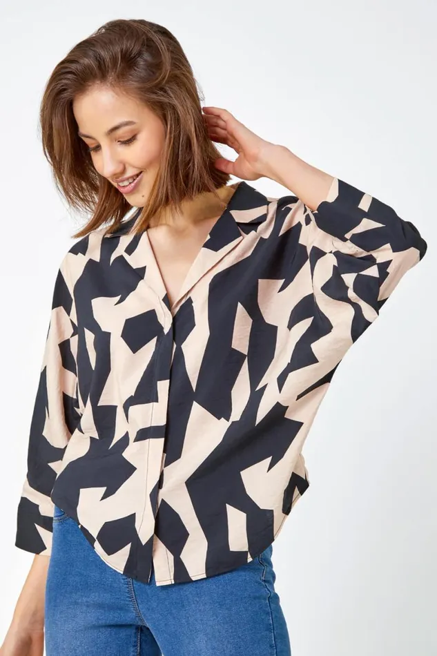 Women Black Abstract Print Collared Blouse Roman Tops