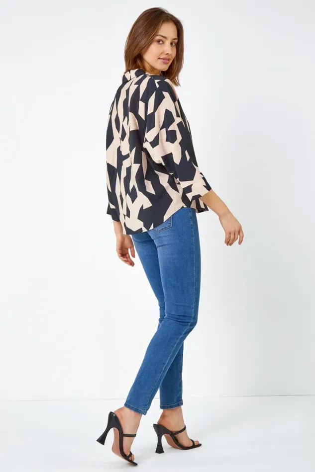 Women Black Abstract Print Collared Blouse Roman Tops