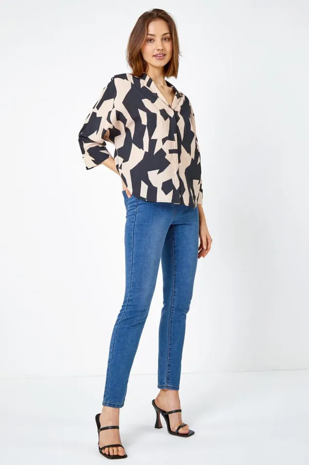 Women Black Abstract Print Collared Blouse Roman Tops