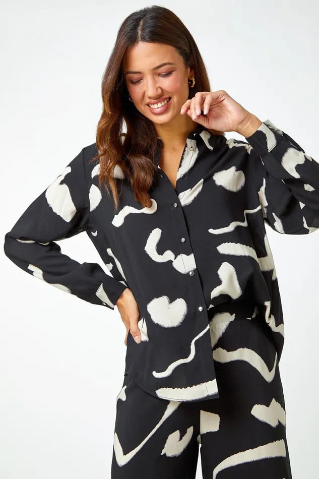 Women Black Abstract Print Longline Shirt Roman Tops