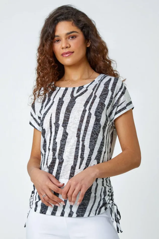 Women Black Abstract Stripe Side Tie Stretch Top Roman Tops