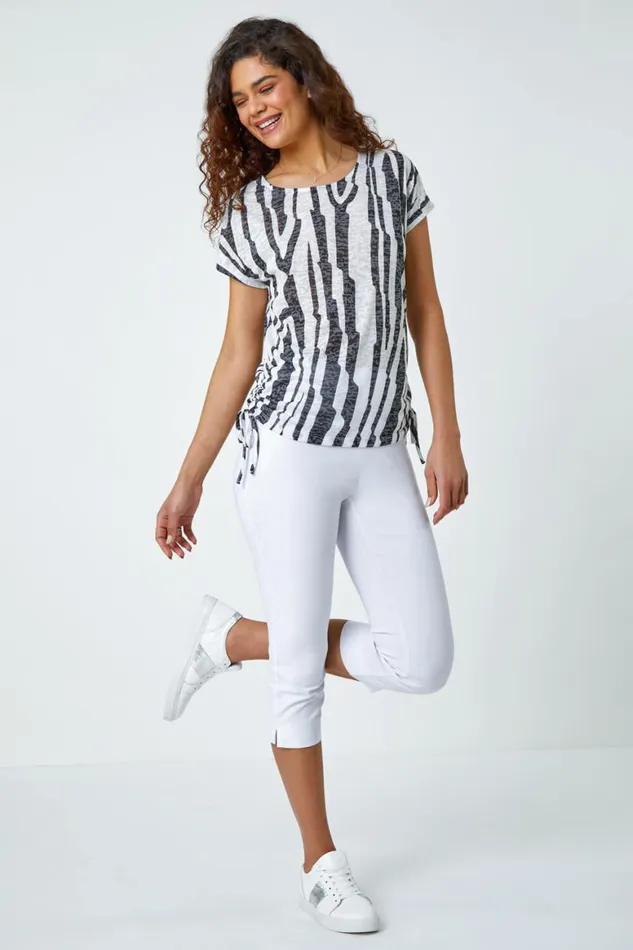 Women Black Abstract Stripe Side Tie Stretch Top Roman Tops