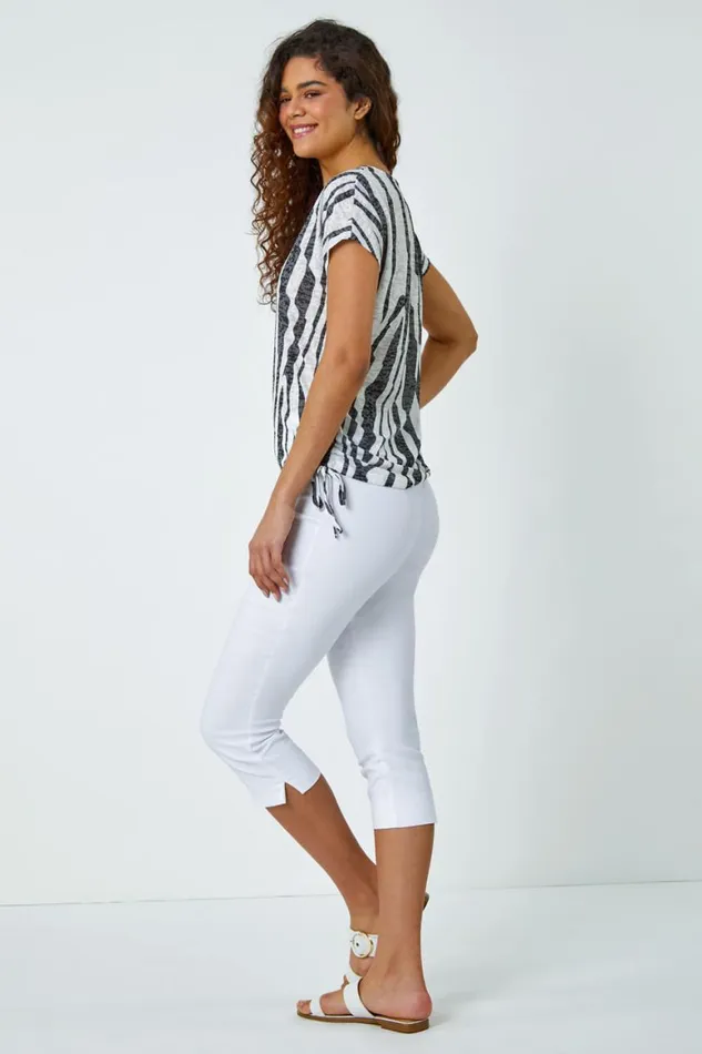 Women Black Abstract Stripe Side Tie Stretch Top Roman Tops