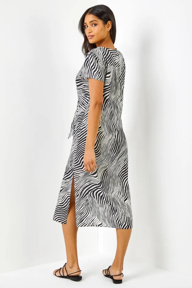 Women Black Abstract Wave Print Tie Knot Detail Dress Roman Dresses