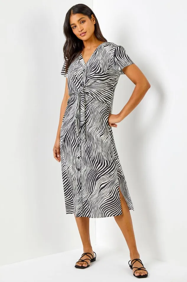Women Black Abstract Wave Print Tie Knot Detail Dress Roman Dresses