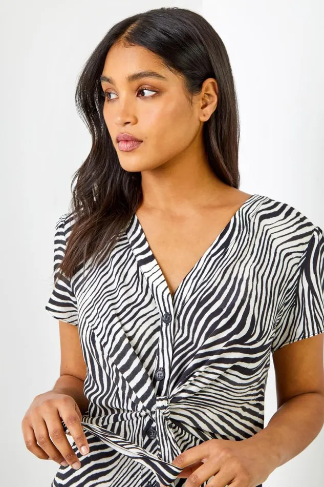 Women Black Abstract Wave Print Tie Knot Detail Dress Roman Dresses