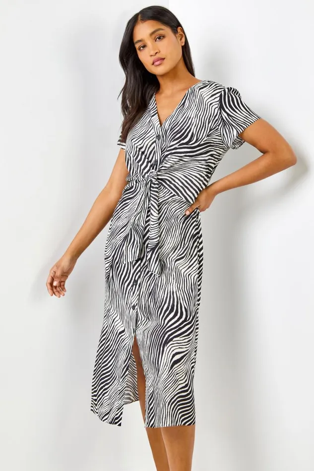 Women Black Abstract Wave Print Tie Knot Detail Dress Roman Dresses