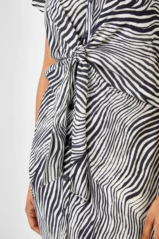 Women Black Abstract Wave Print Tie Knot Detail Dress Roman Dresses