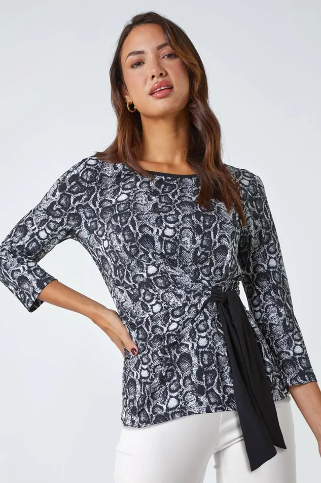 Women Black Animal Print Side Tie Stretch Top Roman Tops