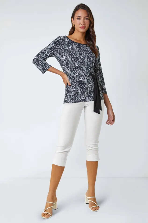 Women Black Animal Print Side Tie Stretch Top Roman Tops