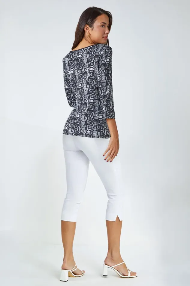 Women Black Animal Print Side Tie Stretch Top Roman Tops