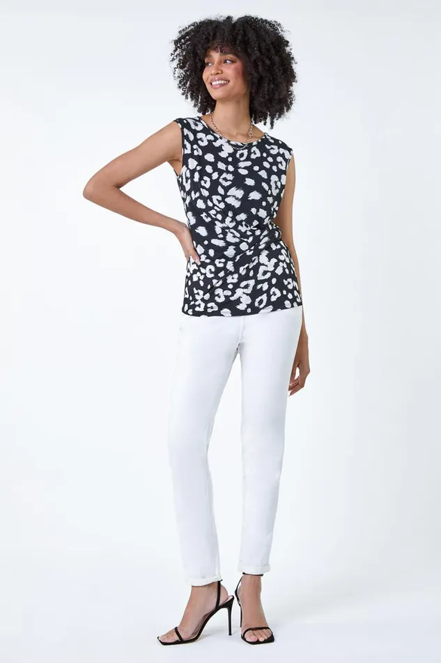 Women Black Animal Print Stretch Twist Detail Top Roman Tops