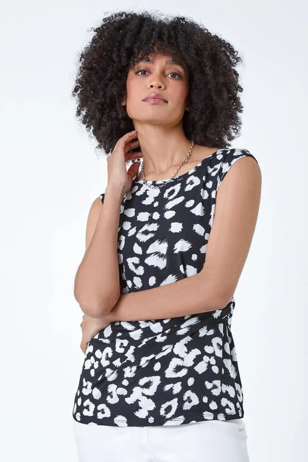 Women Black Animal Print Stretch Twist Detail Top Roman Tops