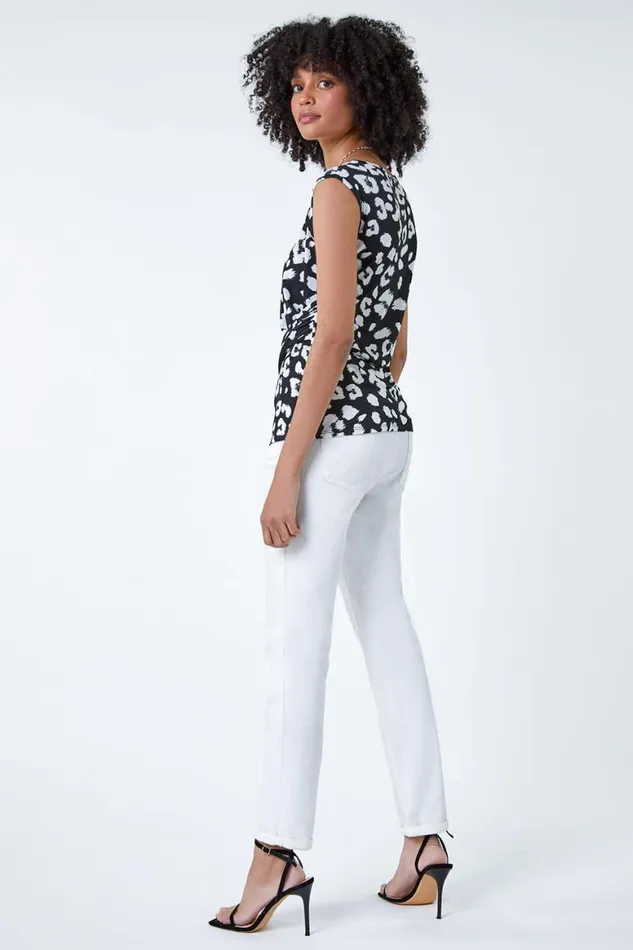 Women Black Animal Print Stretch Twist Detail Top Roman Tops