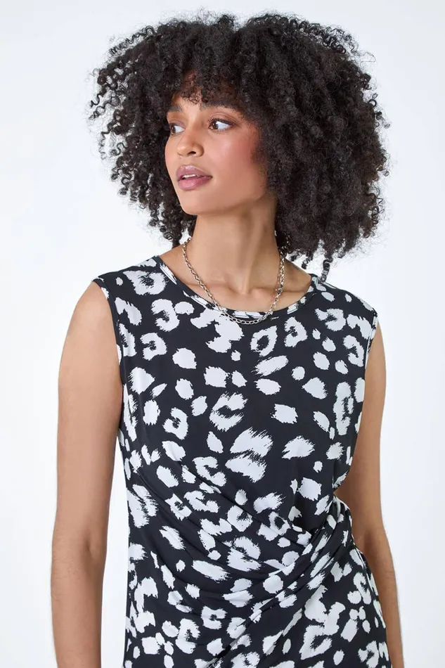 Women Black Animal Print Stretch Twist Detail Top Roman Tops