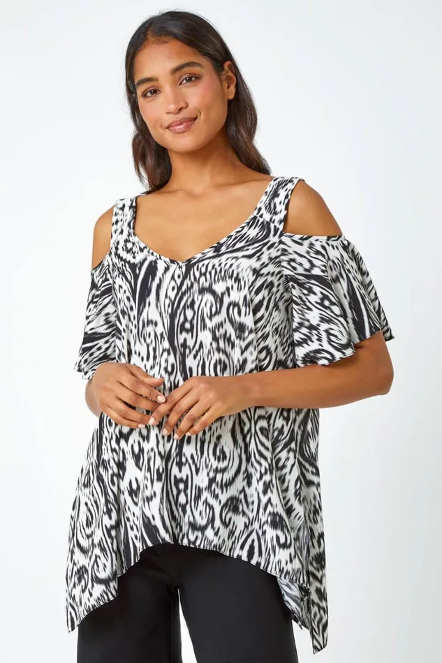 Women Black Aztec Cold Shoulder Hanky Hem Top Roman Tops