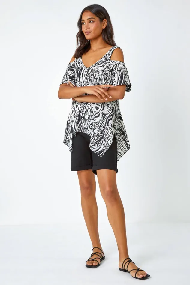 Women Black Aztec Cold Shoulder Hanky Hem Top Roman Tops