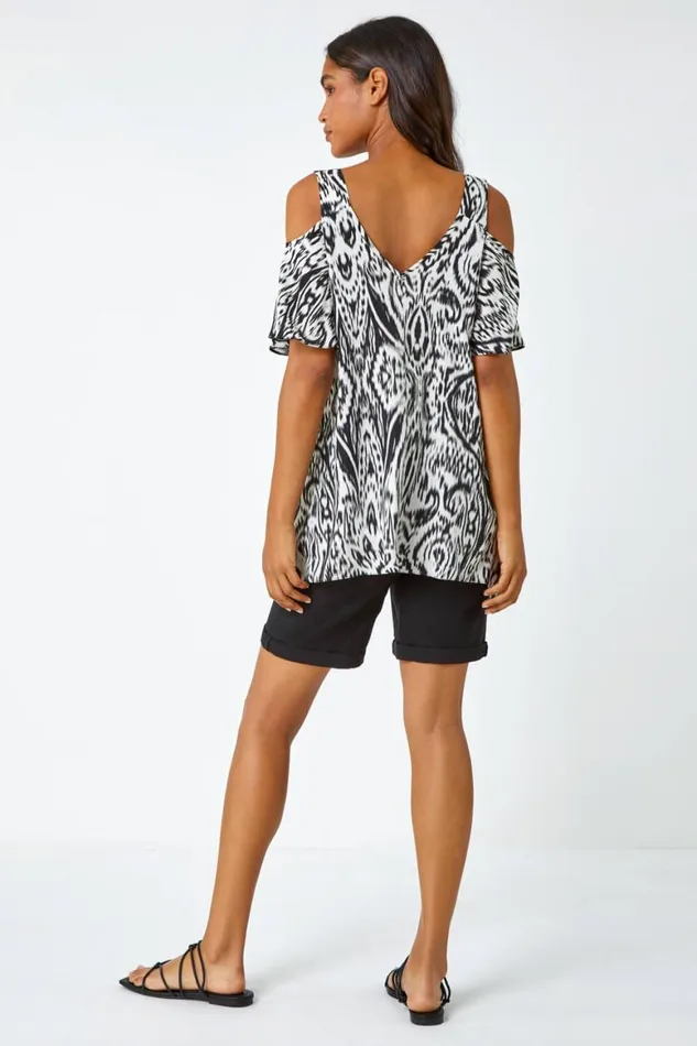 Women Black Aztec Cold Shoulder Hanky Hem Top Roman Tops