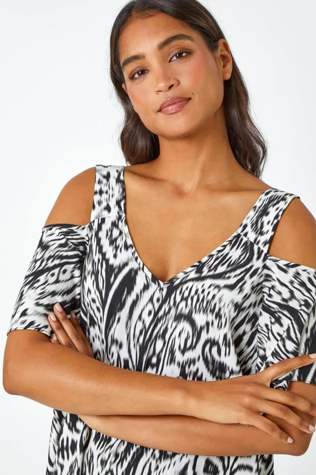 Women Black Aztec Cold Shoulder Hanky Hem Top Roman Tops