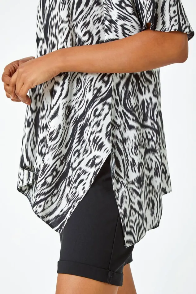 Women Black Aztec Cold Shoulder Hanky Hem Top Roman Tops