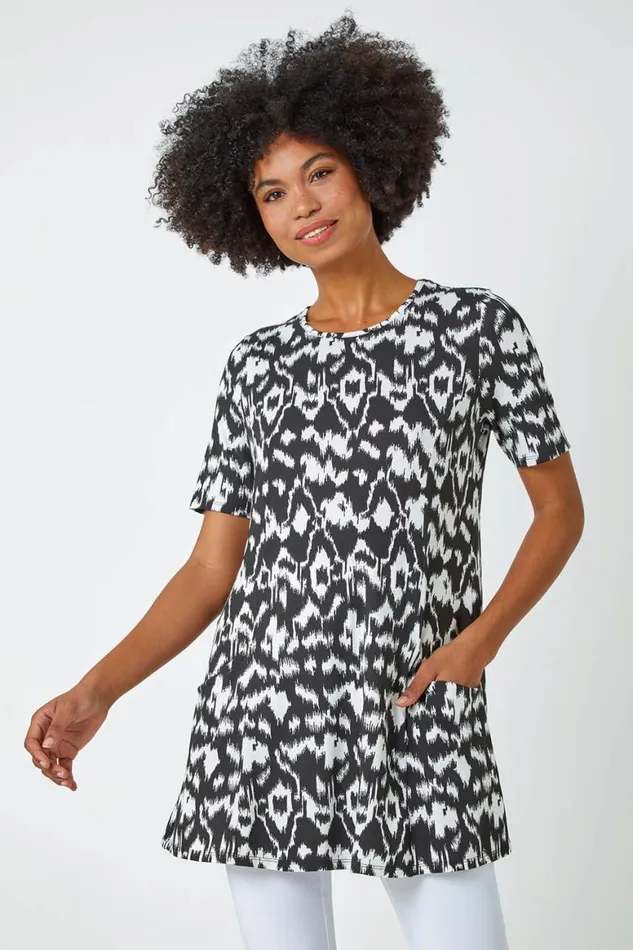 Women Black Aztec Print Pocket Tunic Roman Tops