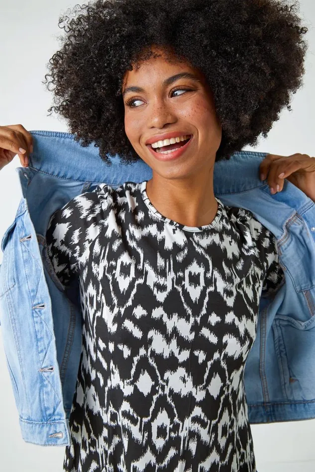 Women Black Aztec Print Pocket Tunic Roman Tops
