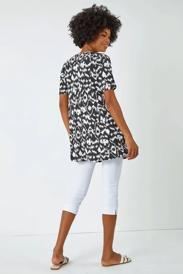 Women Black Aztec Print Pocket Tunic Roman Tops