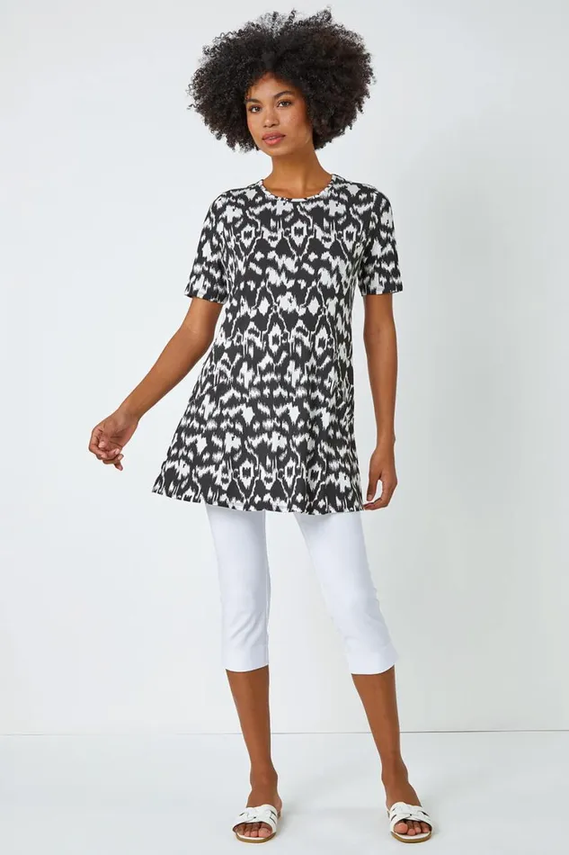 Women Black Aztec Print Pocket Tunic Roman Tops