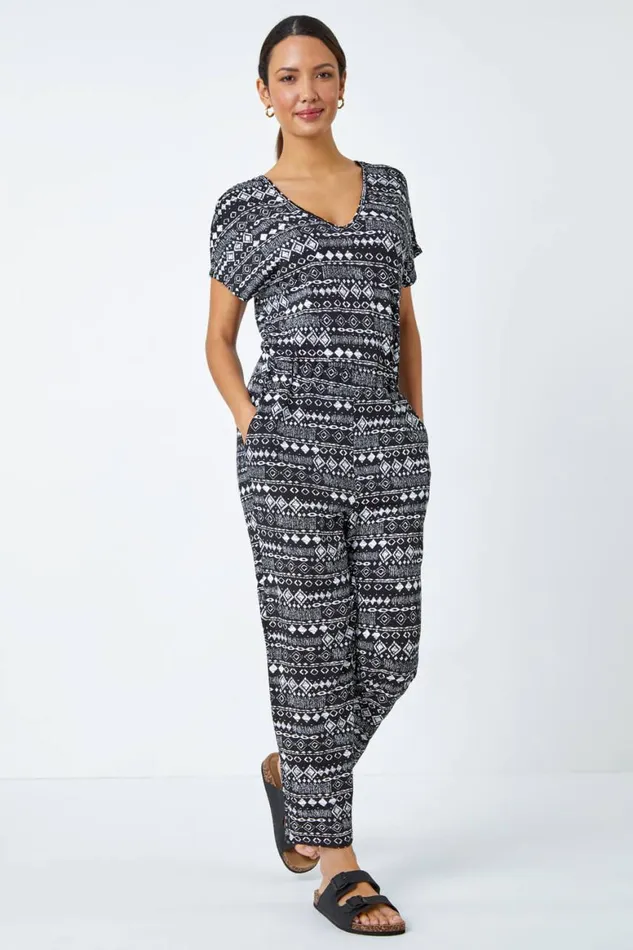 Women Black Aztec Print Stretch Jumpsuit Roman Dresses