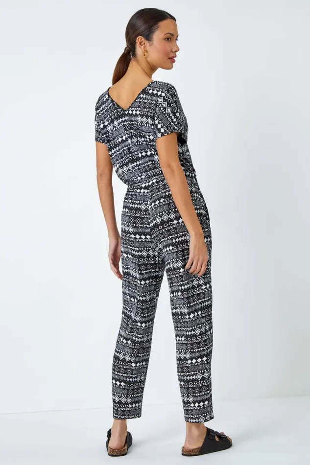 Women Black Aztec Print Stretch Jumpsuit Roman Dresses